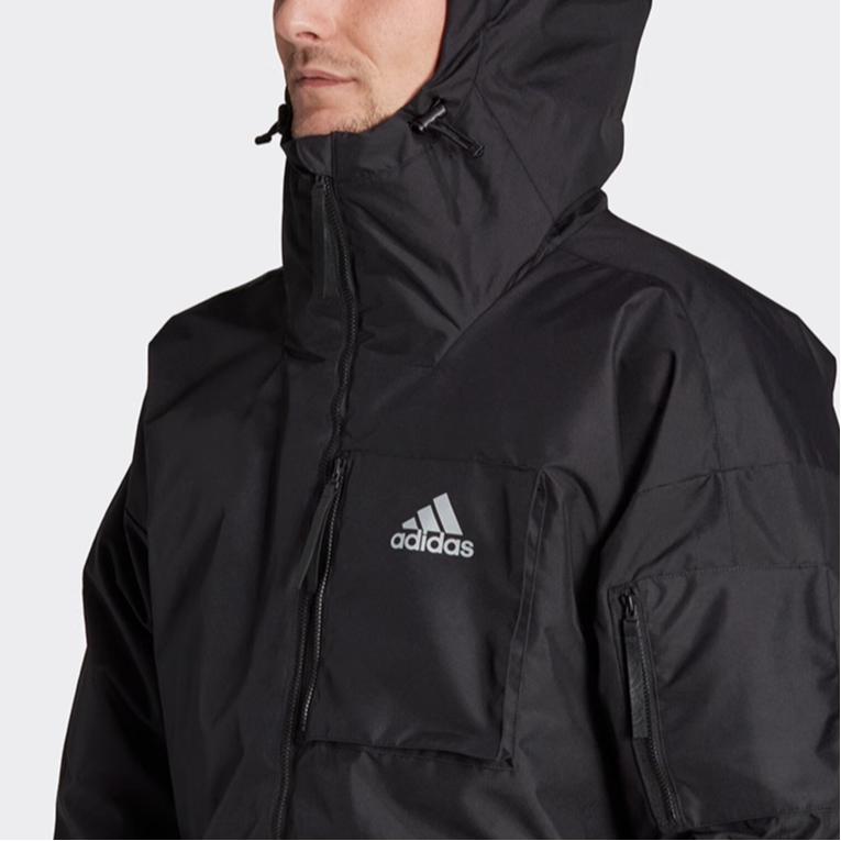 Adidas Solid Color Casual Logo Print Hooded Down Jacket Men Outerwear Black HK6665