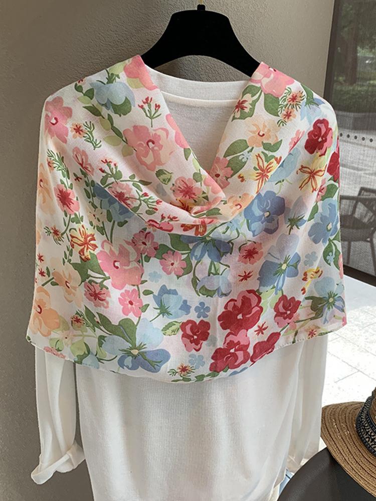 Elegant Women Silk Scarf Wrap Shawl Sweet Floral Print Sunscreen Bandanas Hijab Mujer Scarve Pareo Headscarf Boho Travel Korean