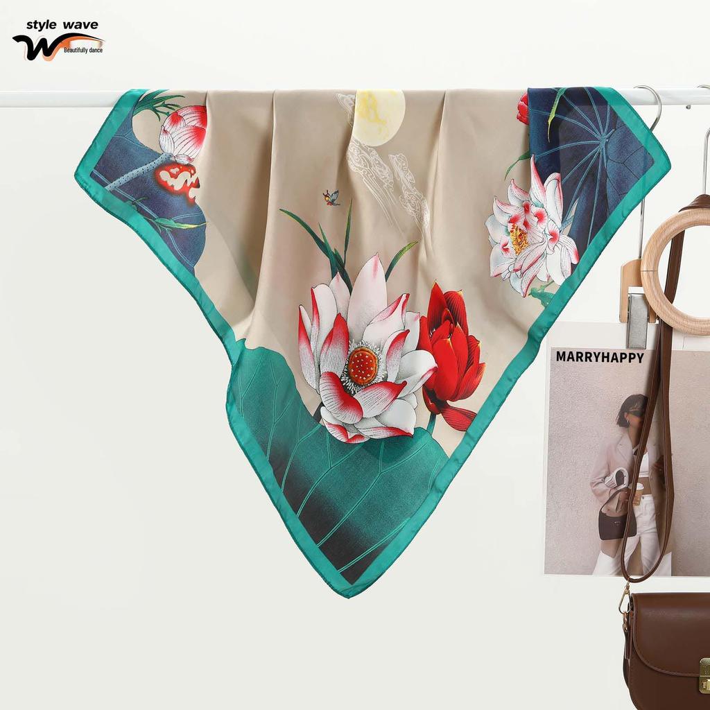 Elegant Chinese Ink Painting Lotus Silk Scarf: High-End, Versatile Retro Print, Popular Decorative Accessory for Women.