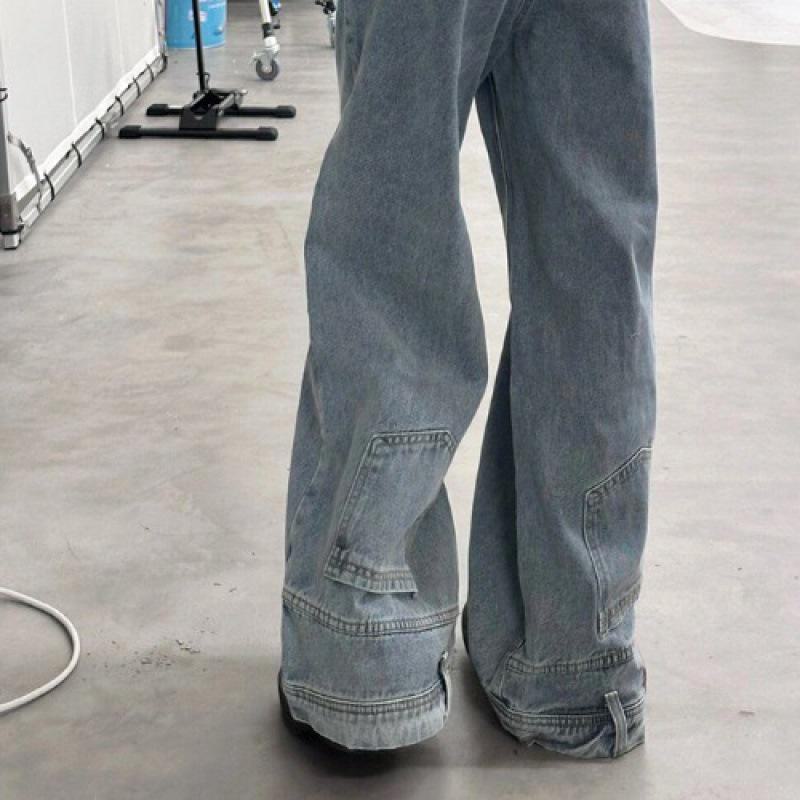 

[Джинсы задом наперед] 2024 г., американские широкие прямые брюки перевернутого дизайна M синий