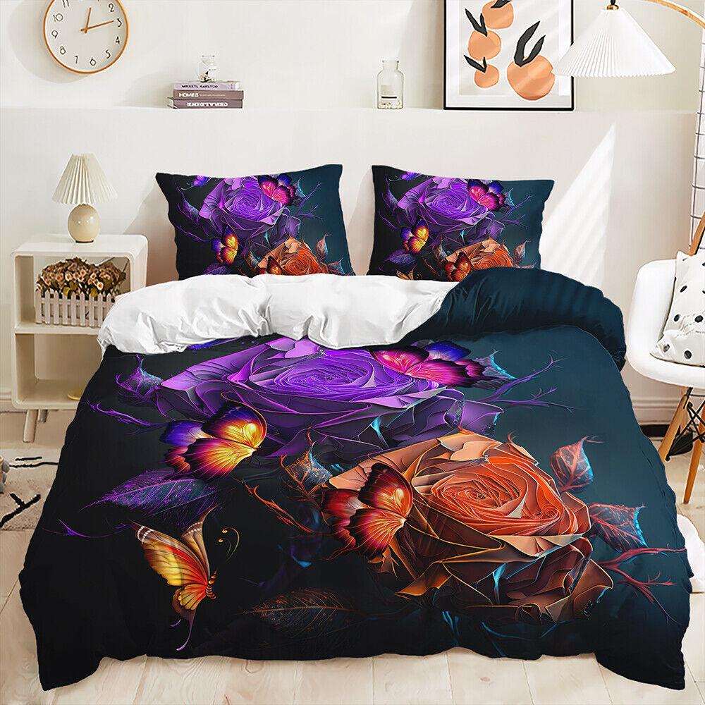 Purple Dimonds Rose Floral Moth Butterfly Doona Duvet Quilt Cover Bedding Set