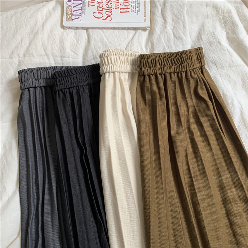 Korean Style Plus Size Pleated Midi A-line Skirt with High Waist Elastic