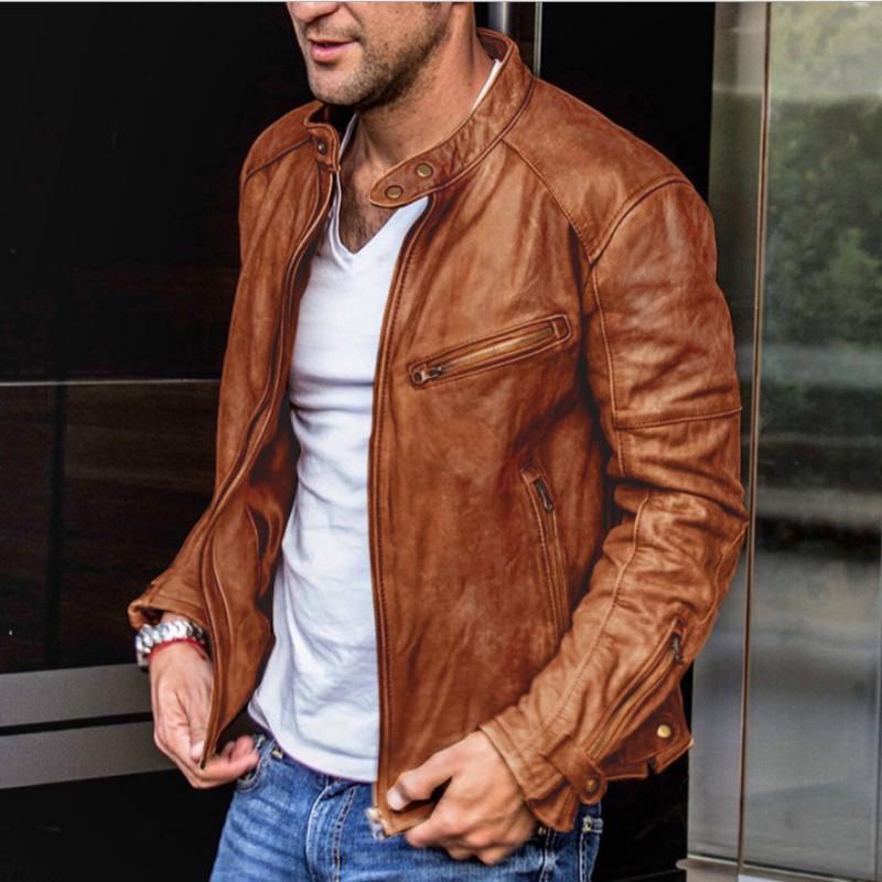 Mens Stand Collar PU Leather Jacket Punk Biker Style Loose Fit Winter Outerwear Young Adults