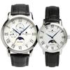 Pair Moon Phase Leather Watch Set 40mm & 34mm Classic Stainless Steel Case Genuine Leather Strap