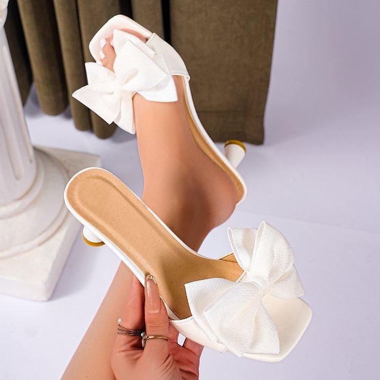 Women Elegant Square Toe Stiletto Mules With Oversized Bow Slip On High Heel Sandals For Wedding Party Office