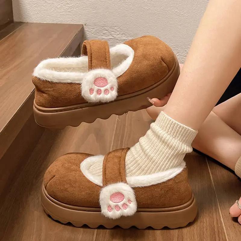 Women Cute Cat Claws Cotton Shoes Winter New Thick Bottom Outdoor Slippers Woman Plus Fleece Thick Soled Single Slippers