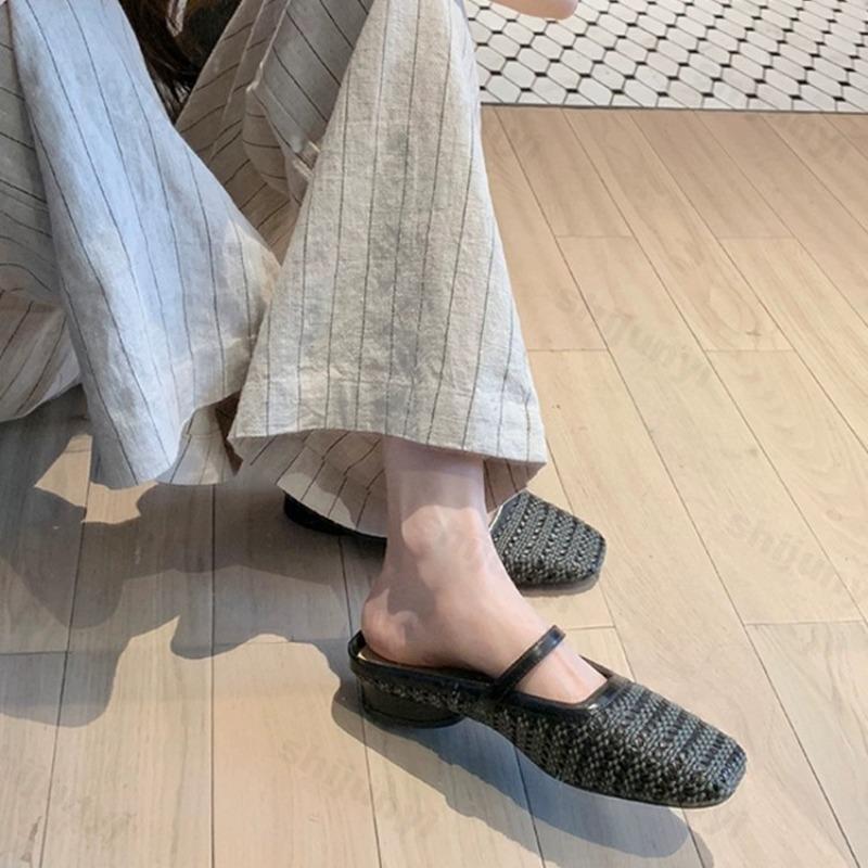 Fashion Women Slippers 2025 Summer Square Toe Retro Comfortable Breathable Half-slippers Flat Ballet Shoes Mary Jane Femme Zapatillas