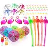 Hawaiian Party Set: 100PCS Colorful Paper Straws, Umbrella Picks, Fruit Picks, Honeycomb Pineapples, Flamingos, Firework Picks