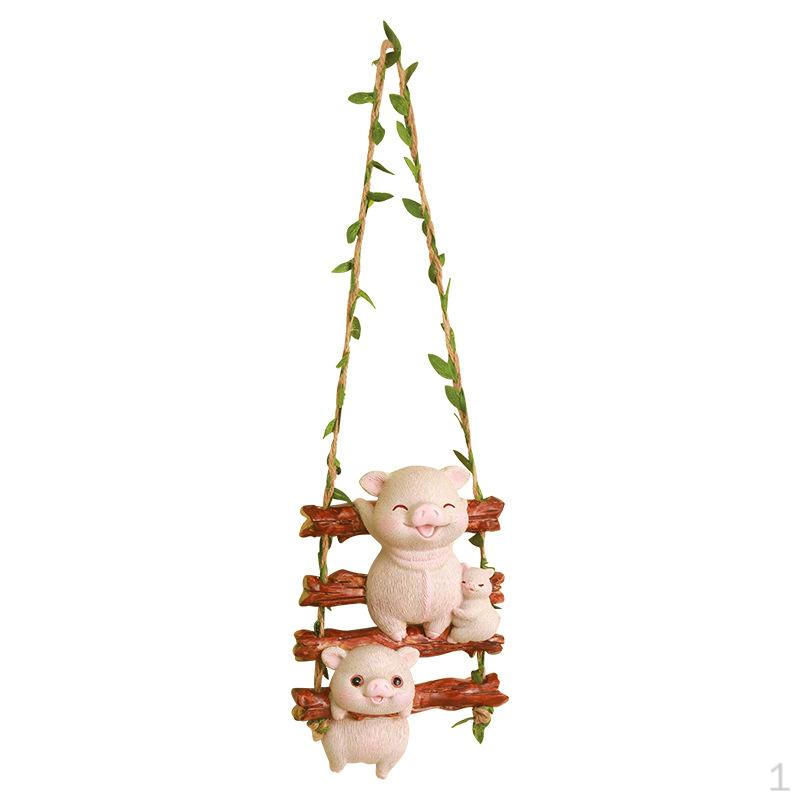 

Pig Figurine Hanging Sculpture Cute with Rope Animal Garden Statue Resin Ornament for