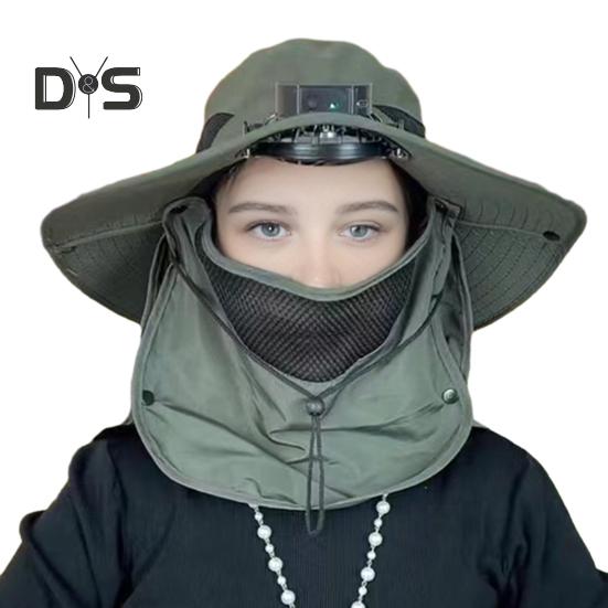 Solar-Ventilator-Hut mit Gesichtsschutz, Nackenklappe, LSF 50+, UV-Schutz, Hut mit Solar-Ventilator, wiederaufladbar über USB, atmungsaktiv, für Herren, Sommer, Outdoor, Angeln, breite Krempe