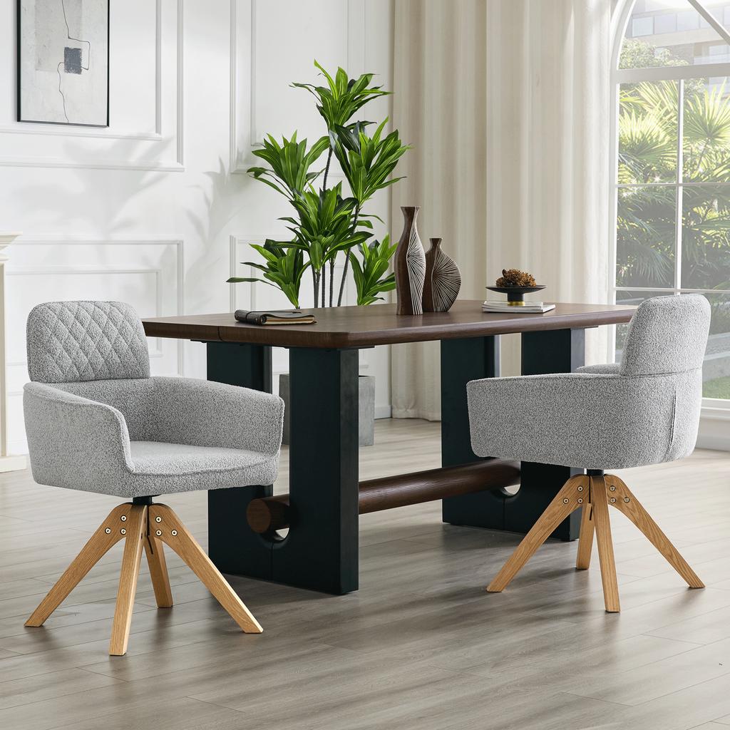 Set of 2 Wabi-Sabi dining chairs (360 degrees rotatable) – Grey diamond-pattern fabric, solid wood legs
