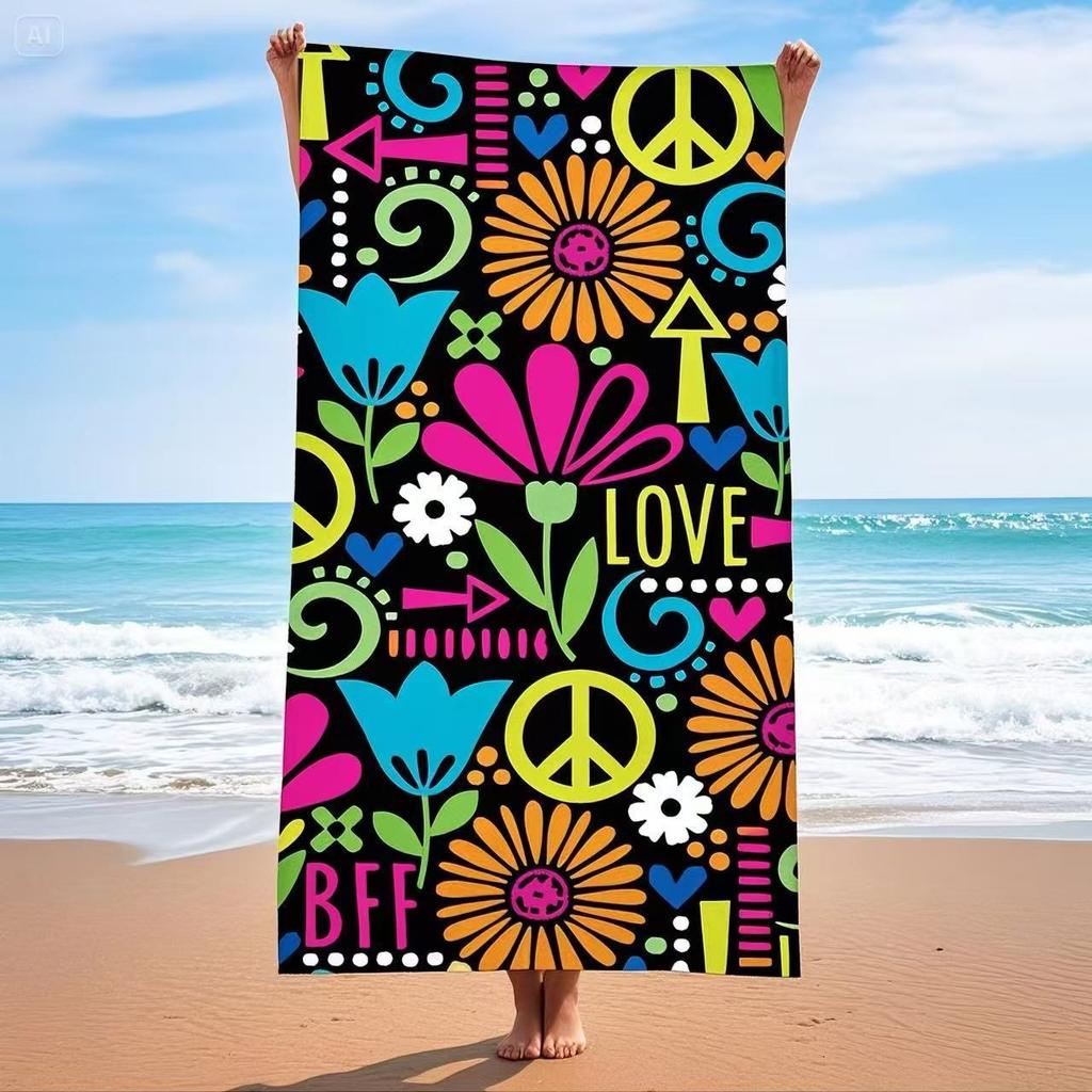 Neon Flower Peace Sign Love BFF Polyester Beach Towel Quick Dry Sand Free Bath Towel for Summer Pool Travel BFF Gift