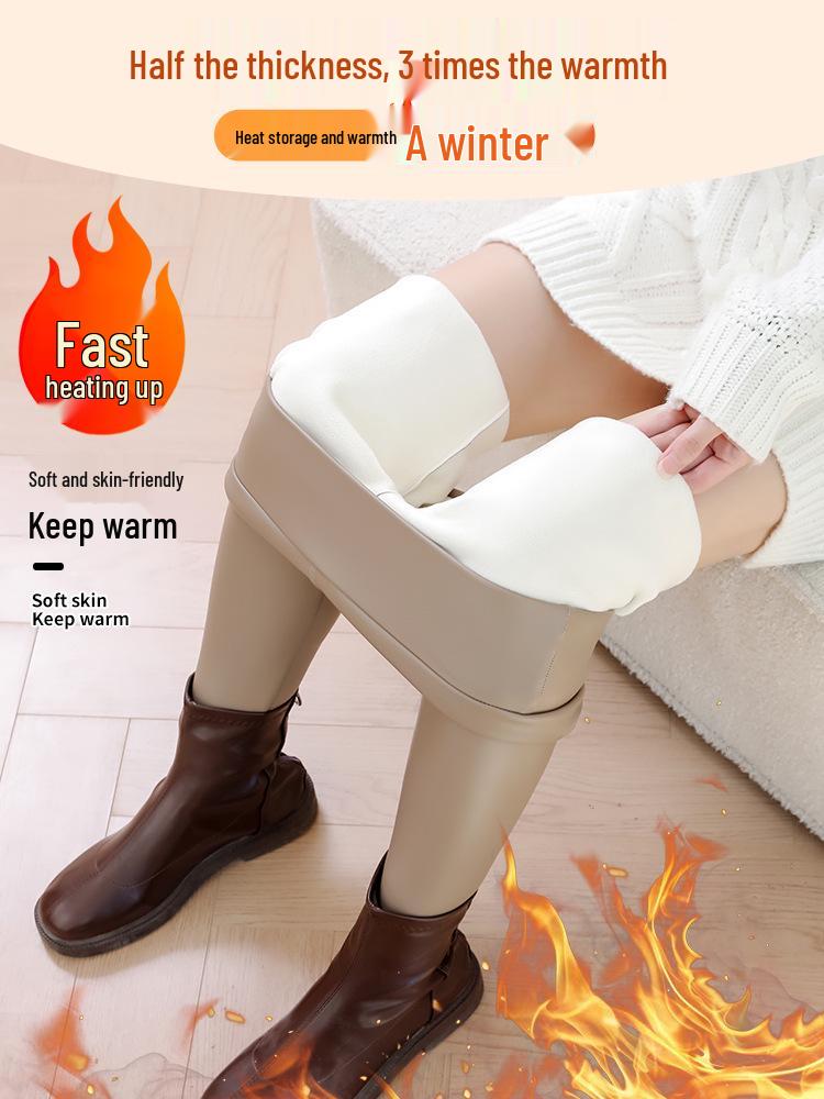 Women's High-Waist Lambswool Fleece-Lined Leather Pants: Slimming, Windproof, Warm Leggings