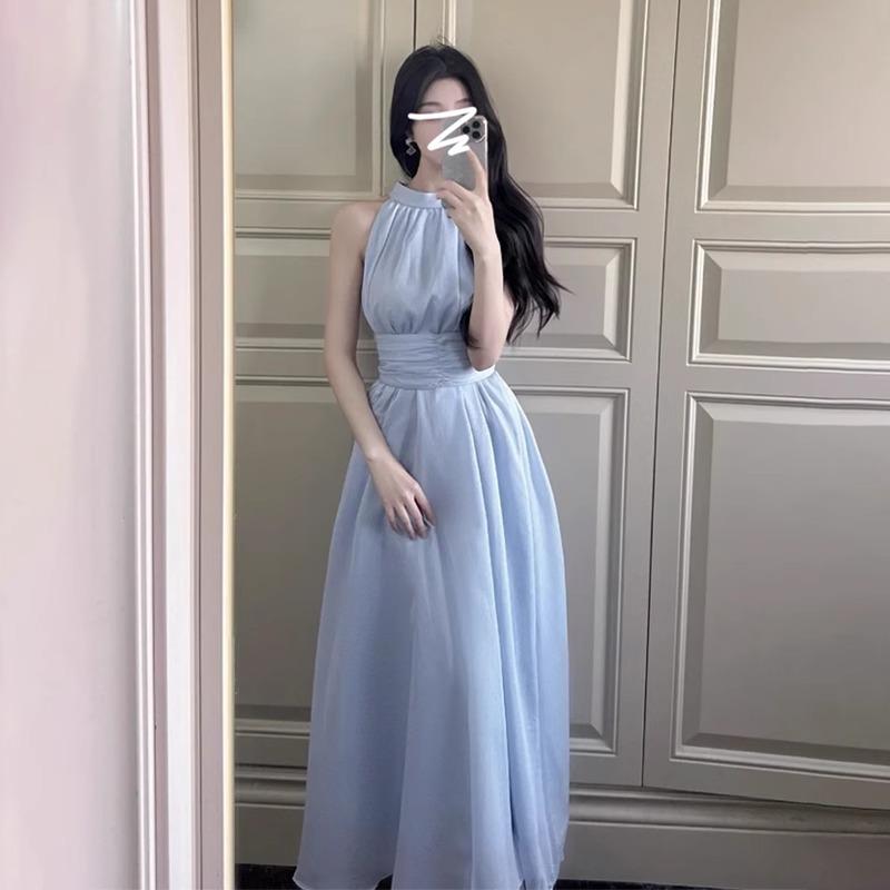 Sleeveless neck dress children's spring new seaside vacation design temperament French waist dress
