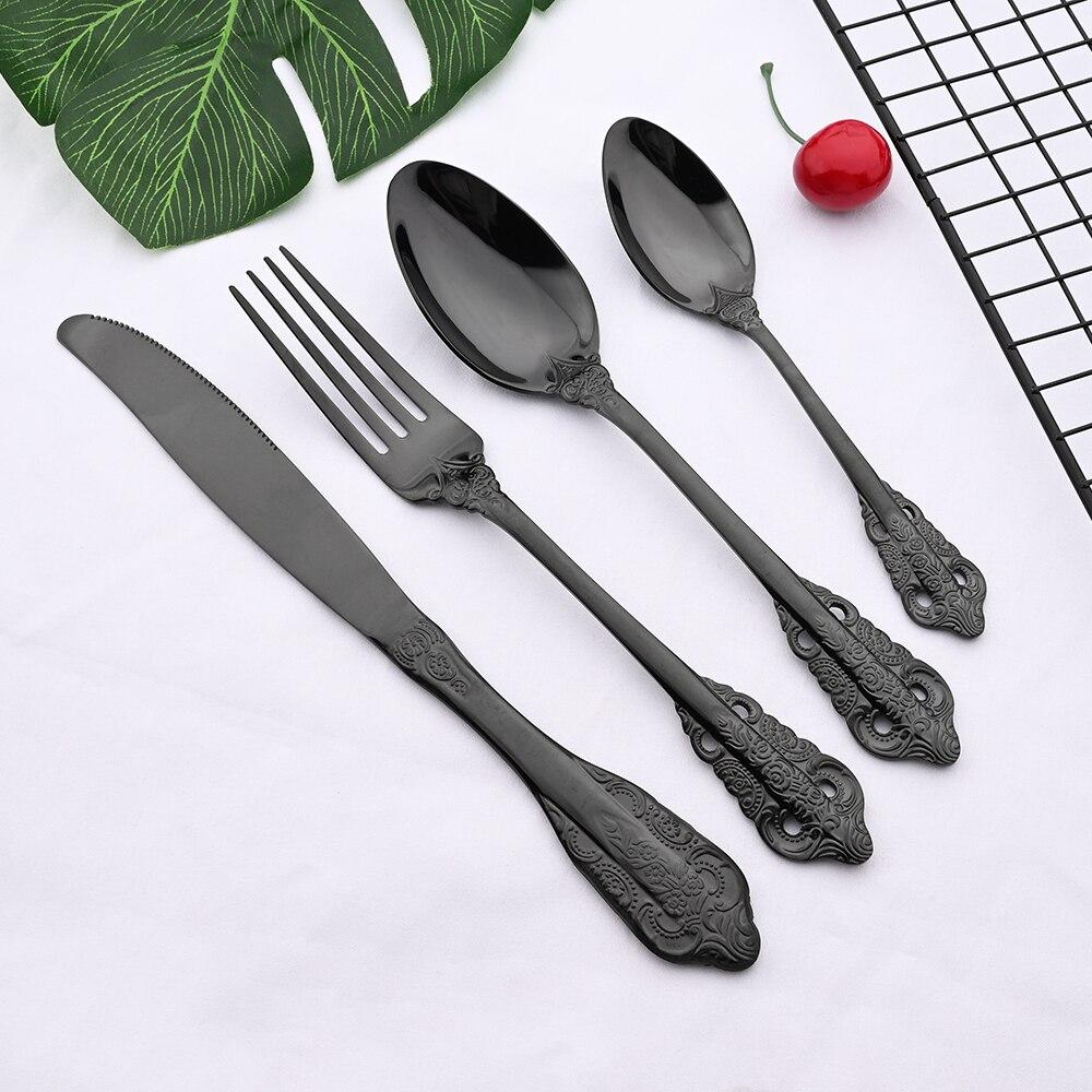 Black 18/10 Stainless Steel Retro Cutlery Set Dinnerware Set Knife Fork Spoon Tea Spoon Tableware Set Kitchen Dinner Flatware Set