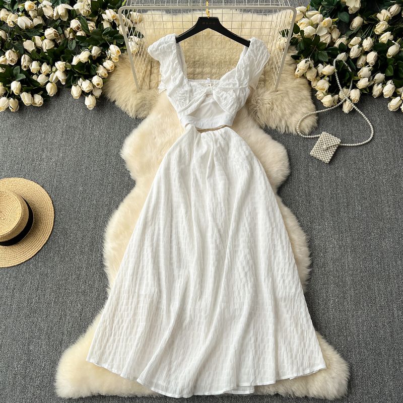 

French Minority Chic Super Fairy White Dress Women s Seaside Vacation Style Scheming Cut Out Flying Sleeve Large Swing Dress White L