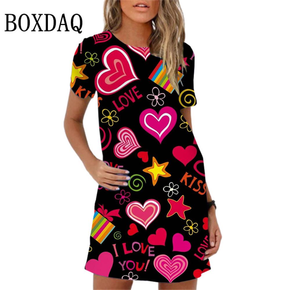 

Elegant Sweet Love Pattern Print Mini Dress For Women Girls Short Sleeve Summer Dress 2026 New Spring Clothing Oversize Sundress S