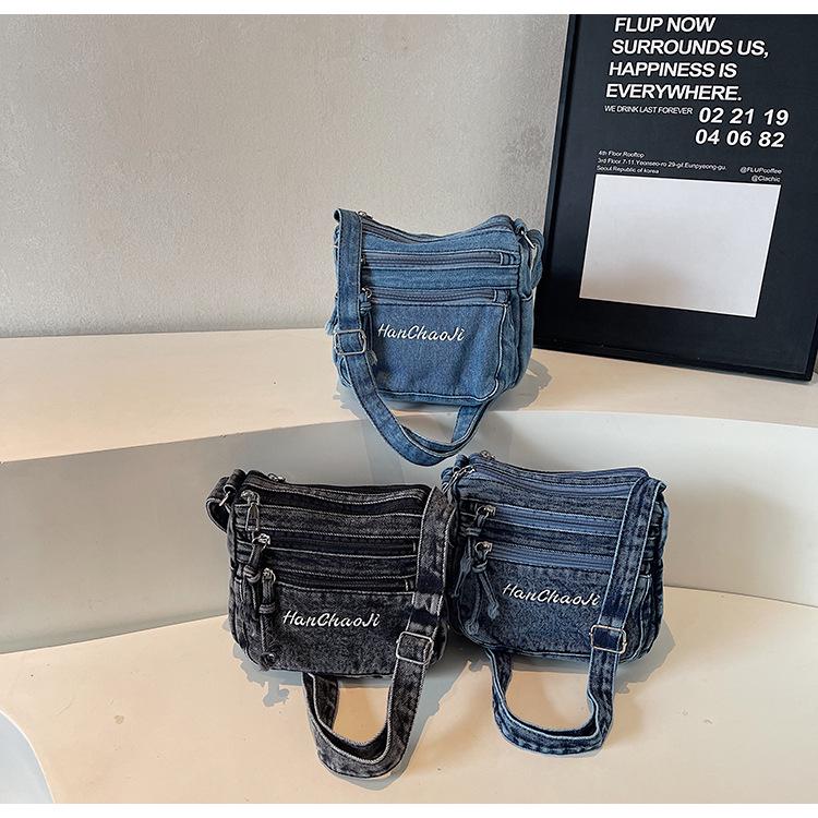 Retro Minimalistische Mehrfachtaschen Bestickte Denim Umhängetasche (2025)