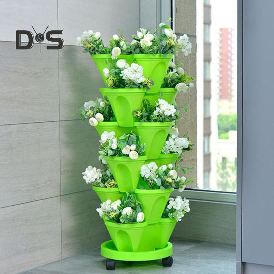 6 Tier Stackable Vertical Planter Stacking Tower Indoor Outdoor Gardening Planter with Movable Casters And Bottom Saucer for Strawberry Herb Flower