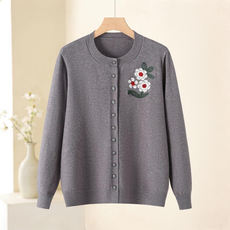 2026 Spring Embroidered Knit Sweater for Middle-aged & Elderly Women - Soft, Loose Button-up Top