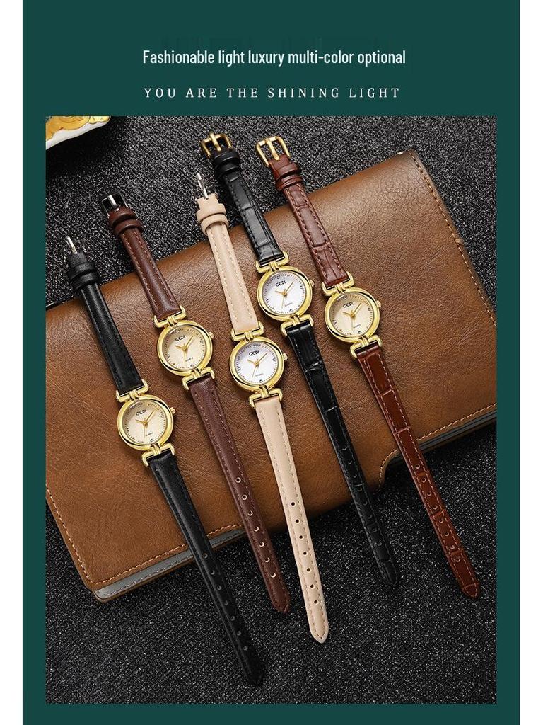 Gedi Retro-Style Women's Thin Quartz Watch with Cloth Pattern and Genuine Leather Strap