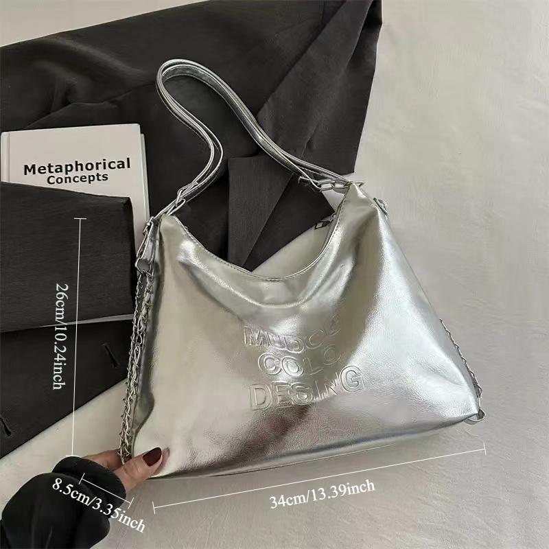 Stylish Silvery Large Capacity Handbag Versatile Crossbody & Shoulder Carry, Durable with Polyester Lining, Zipper Closure