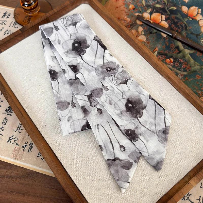 New Chinese Style Ribbon Headband Bow Hair Ring Hair Rope Butterfly Printing Silk Scarf Woman Tied Hair Turban Fashion Headdress