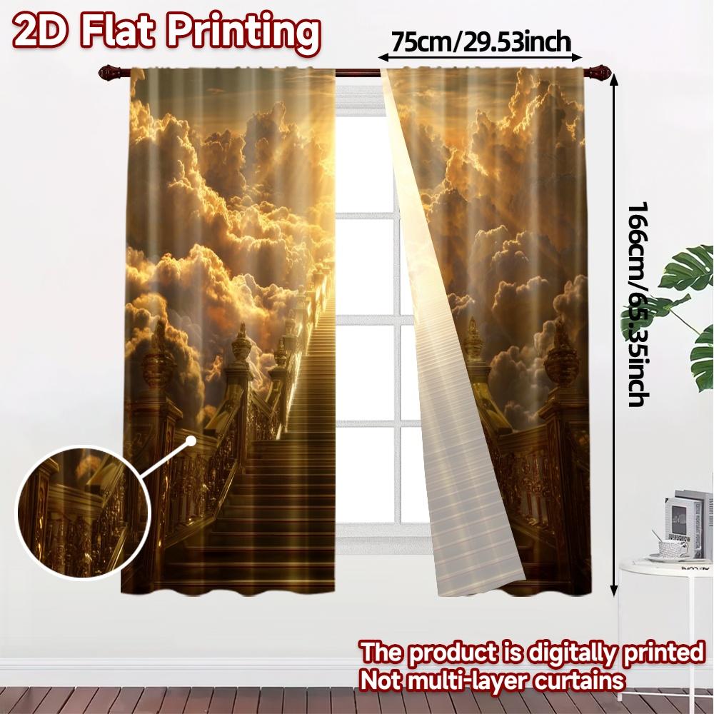 2pcs, 2D FLAT PRINTING Curtains (Without Rod) Golden Ascension Modern Print Curtains Polyester Easy Install Curtains Outdoor