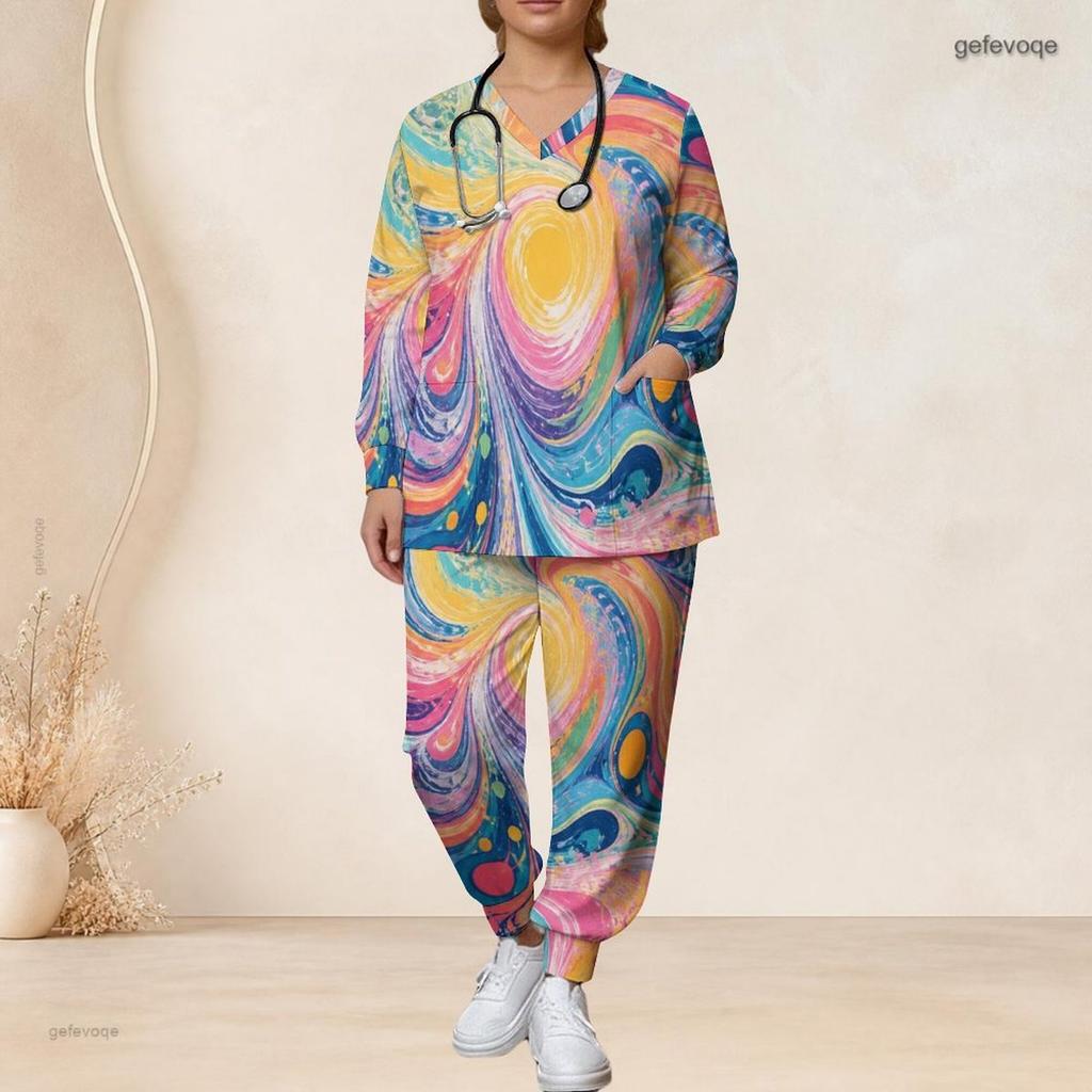 Women Plus Size Nurse Scrub Set V Neck Long Sleeve Printed Pink Purple Pockets Two Piece Outfit