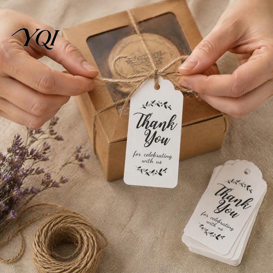 Small Paper Tags for Baking Boxes 100Pcs Thank You with String, Rectangular Gift Tags, Pre-Punched Vintage Style Labels Packaging Hole Hanging Wedding