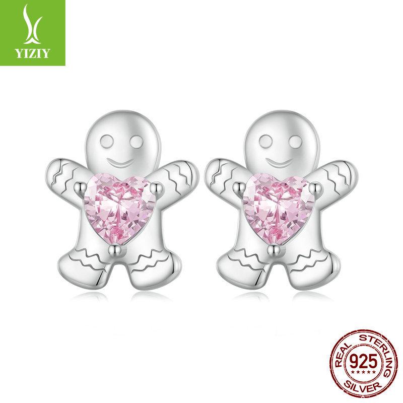 

Yinziyun Gingerbread Man and Pink Heart Zircon s925 Sterling Silver Stud Earrings for Women 925 Sterling Silver
