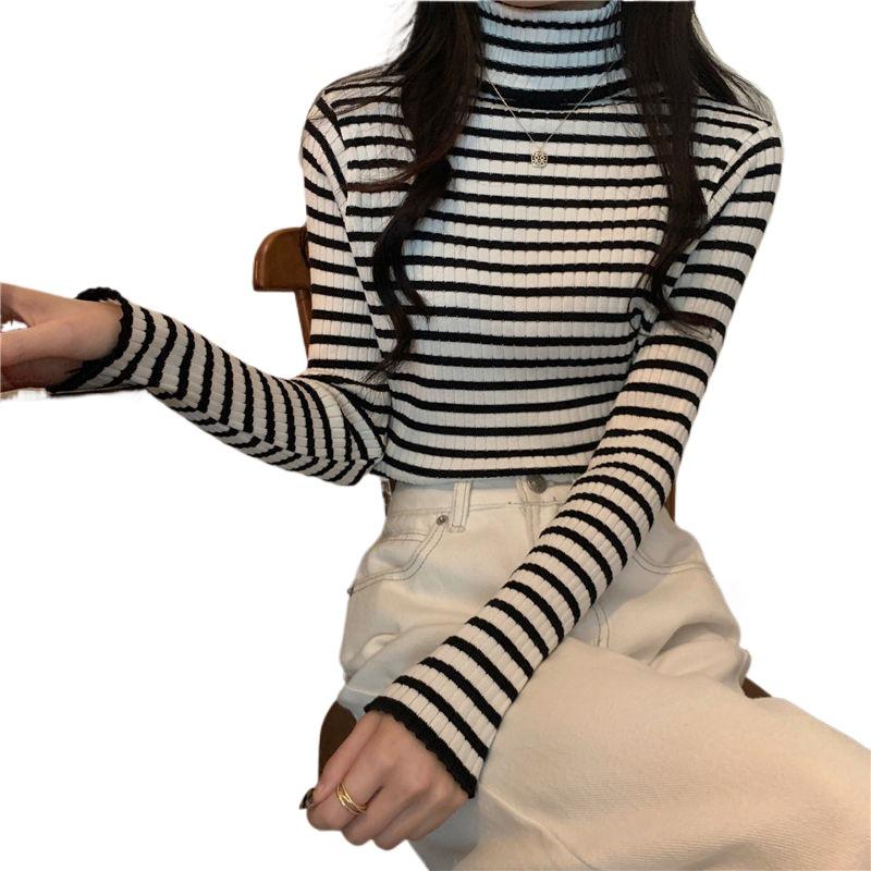 Striped High-Neck Women's Sweater - Autumn/Winter 2025 Slim-Fit Knitted Top, Gentle Style