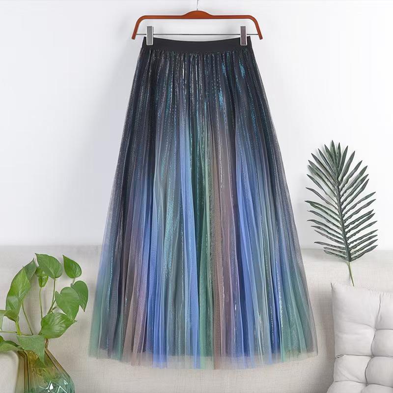 Rainbow Gradient Pleated A-Line Midi Skirt - High Waist, Fairy-Style for Spring & Autumn
