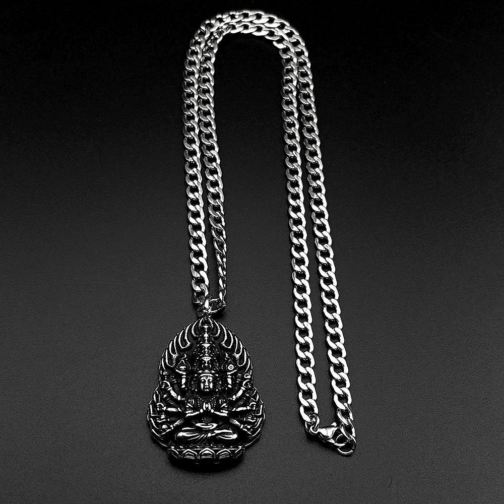 Collana Ciondolo Vintage Buddista Guanyin dalle Mille Braccia per Donne Uomini Catena in Acciaio Inossidabile 316L Colore Argento Gioielli Amuleto