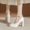 Waterproof table high heels women's thick heel satin Mary Jane wedding shoes Hexiu wedding dress two wear not tired feet button single shoes