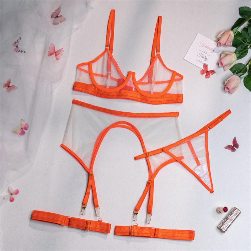 Dámská sexy souprava spodního prádla Nová krajková síťovinová průsvitné tenké erotické spodní prádlo Podprsenka Podvazek Noha Kroužek Kalhotky Módní kostým