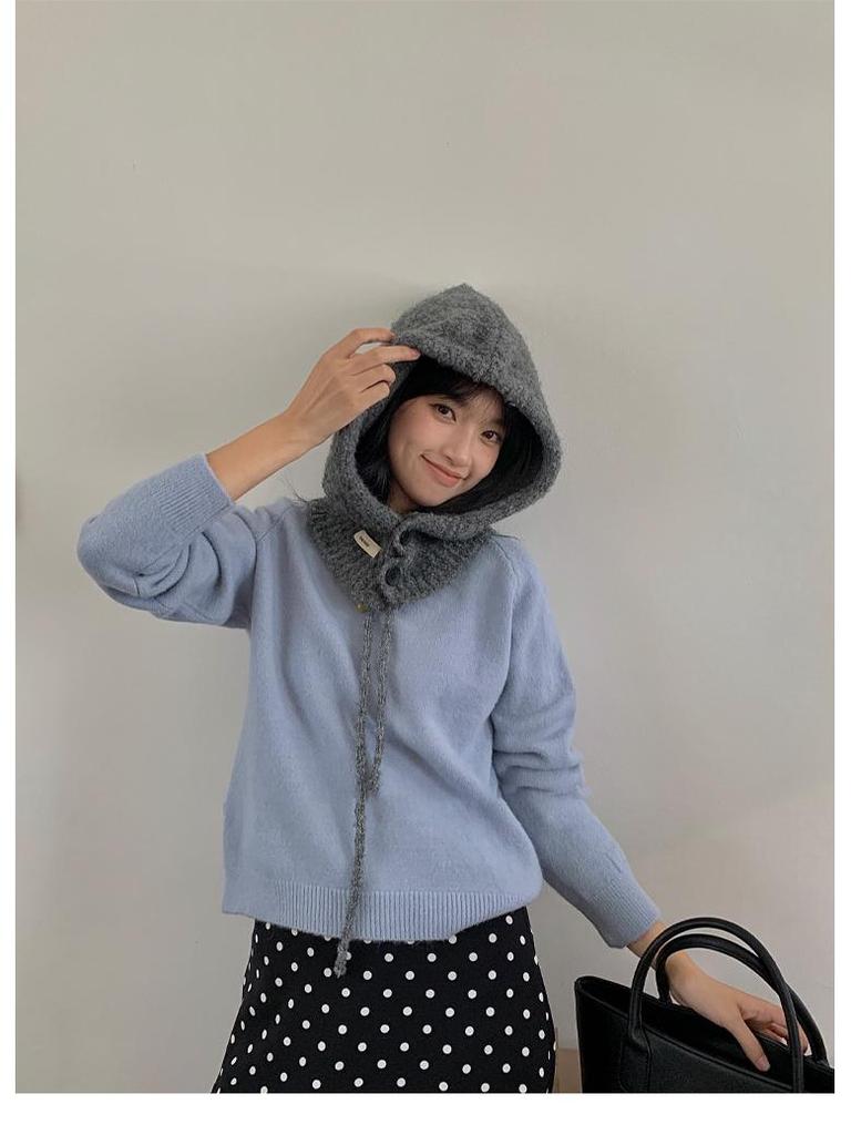 Women's Blue Knitted Wool Balaclava Scarf: Warm Ear Protection for Autumn & Winter