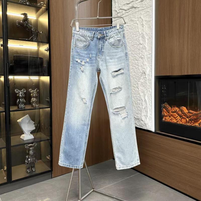 Summer new American retro washed old jeans men's loose straight pants trendy wide-leg pants casual trousers