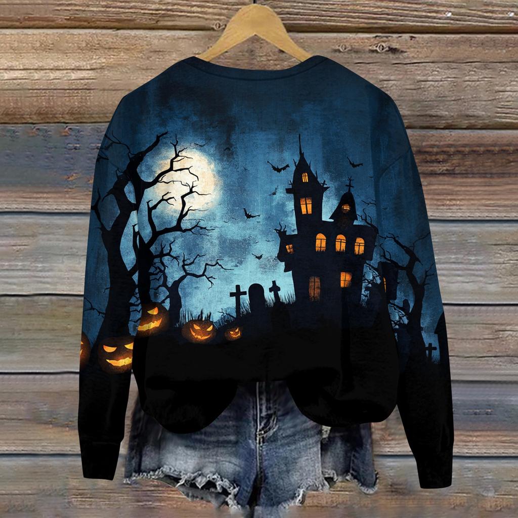 Women's Long Sleeve Halloween Print Neck Sweatshirt, Casual Relaxed Fit Pullover Top