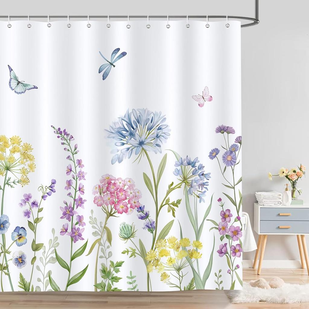 Green Leaf Plant Shower Curtain Leaves Pink Flower Bird Butterfly Potted Plants Botanical Bathroom Decor Polyester Bath Curtain