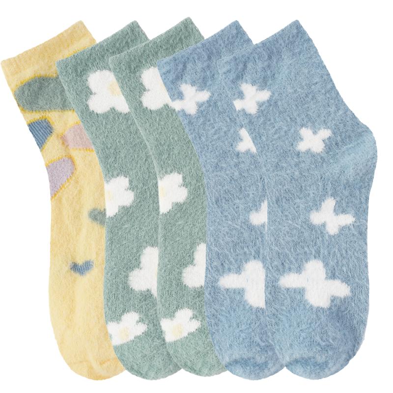 

1/5 пар в упаковці включає: 1/5 пар Жіночі осінньо-зимові милі шкарпетки з мультяшним малюнком з норки, товсті теплі шкарпетки середньої довжини 5PAIRS слонова кістка