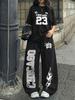 Amerikanischer Retro Street Trend Cool Buchstabendruck Kurzarm-T-Shirt Weite Hosen Set Damen Lässig Locker Sport Zwei Teile