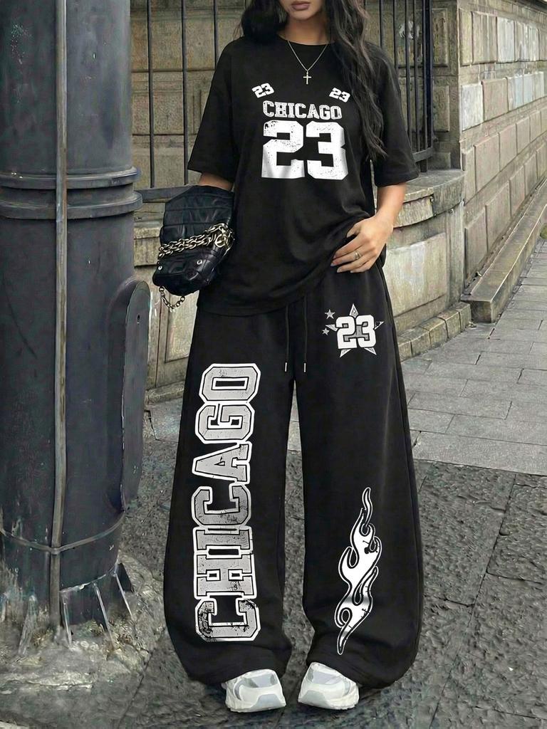 Amerikanischer Retro Street Trend Cool Buchstabendruck Kurzarm-T-Shirt Weite Hosen Set Damen Lässig Locker Sport Zwei Teile