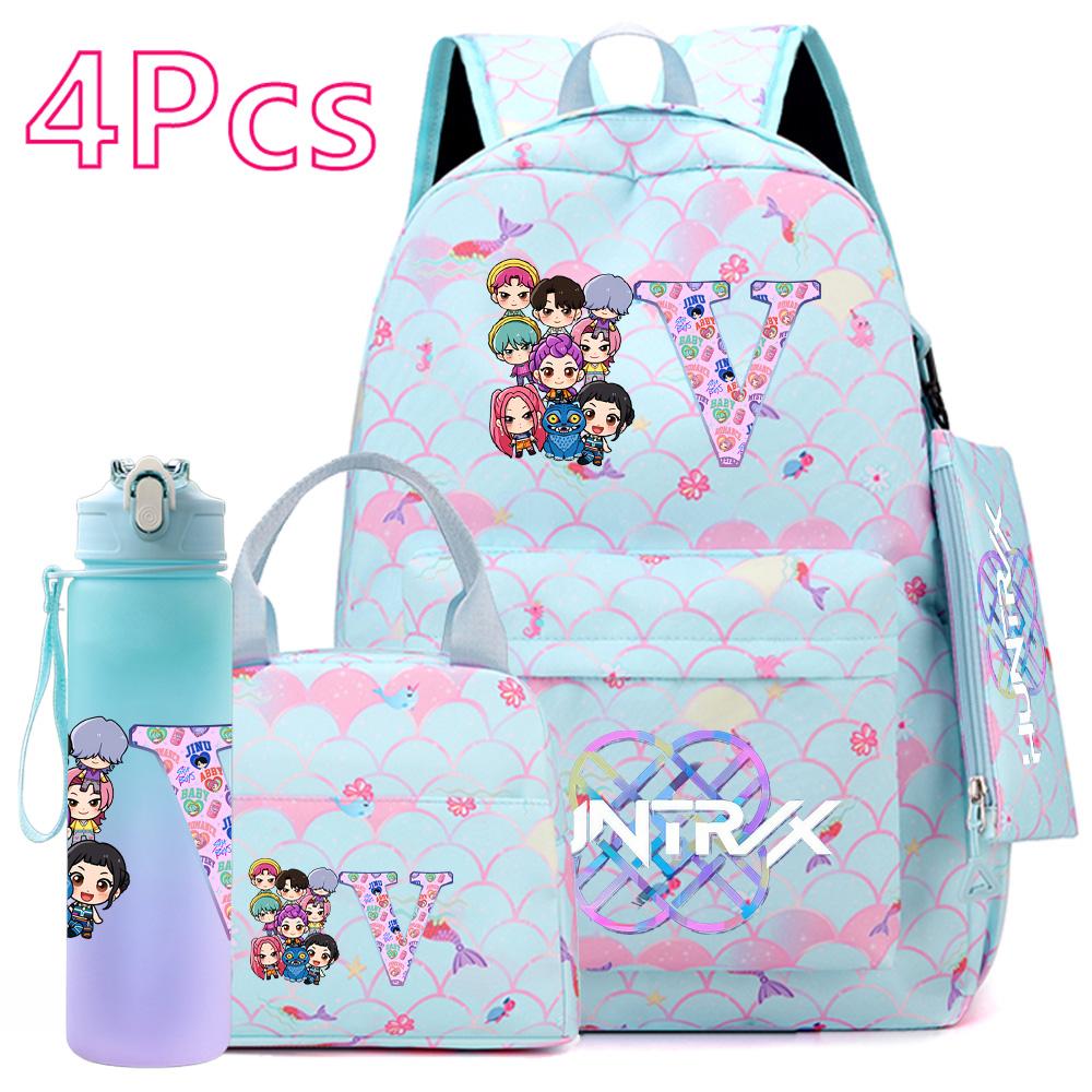 4 st/set 26 engelska bokstäver K-POP Tryckt Ryggsäck med Handväska Pennfodral 750 ml Vattenflaska för Tonåring Elev Pojke Flicka Stor Kapacitet Skolväska