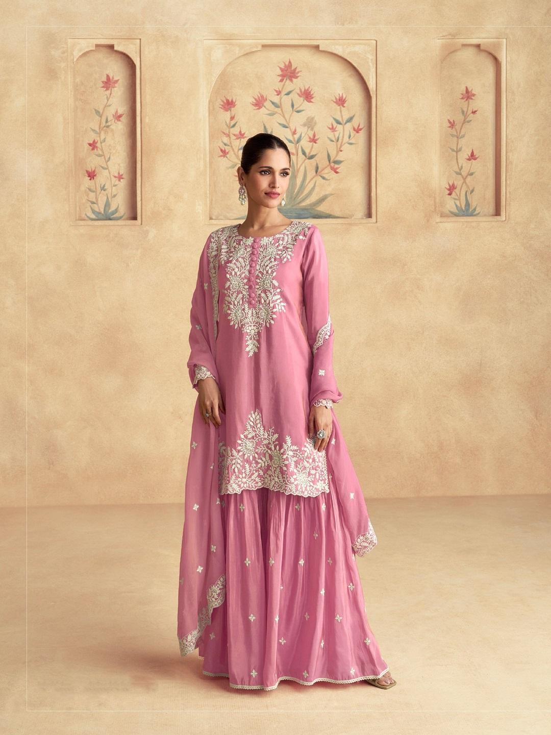 Elegant Pink Embroidered Sharara Suit Set for Women | Designer Ethnic Party Wear Kurta with Dupatta L светло-розовый