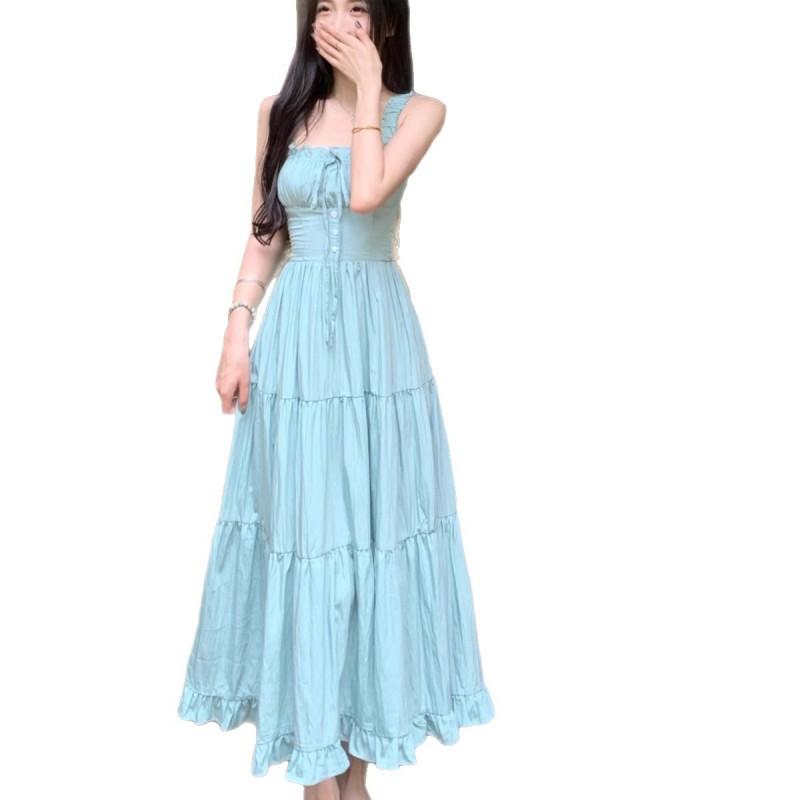 Plus Size French Chic Blue Strapless A-Line Midi Dress High Waist Tiered Skirt Women 2025