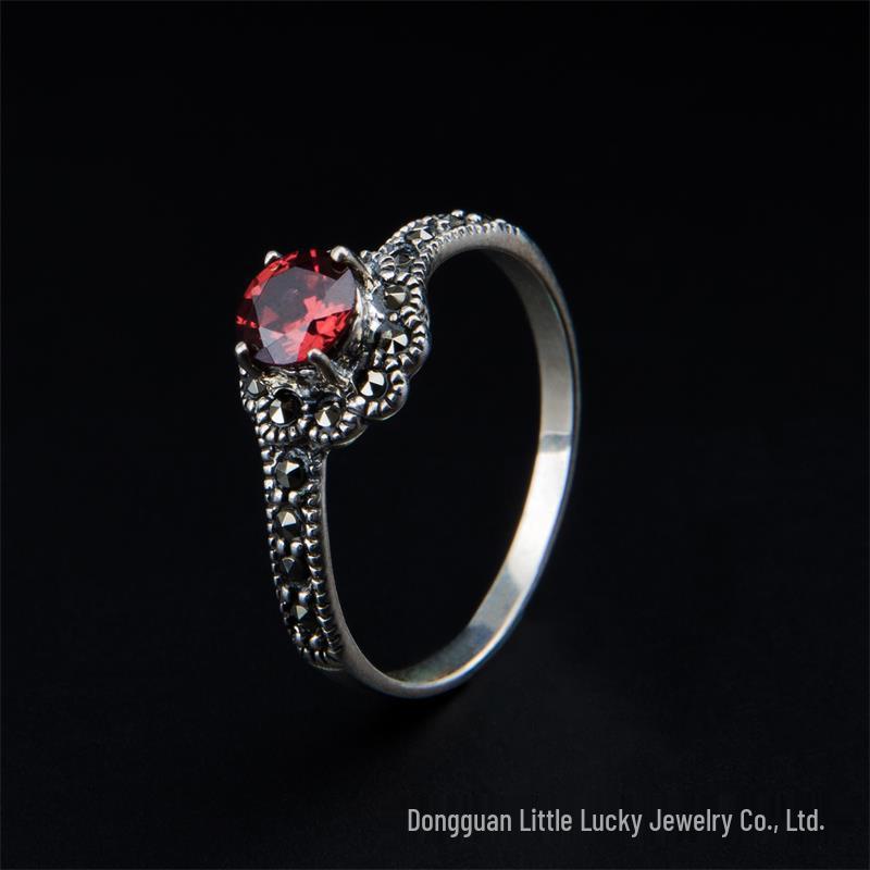 Elegant S925 Thai Silver Ring with Natural Garnet, Ruby, and Marcasite