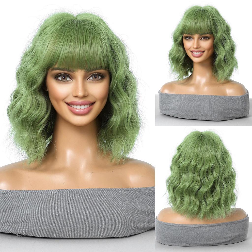 Short Wave Bob Wig with Bangs for Women Synthetic Wigs with Natural Wavy Black Mixed Brown Heat Resistant Wig for Daily Party Use