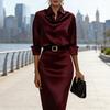 Rochie cămașă midi satinată pentru femei cu mânecă lungă, revere, decolteu în V, bodycon, pentru birou, rochie tub business cu curea