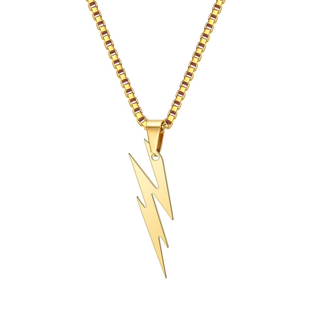 European & American Hip Hop Titanium Steel Lightning Pendant Necklace with Men's Square Pearl.